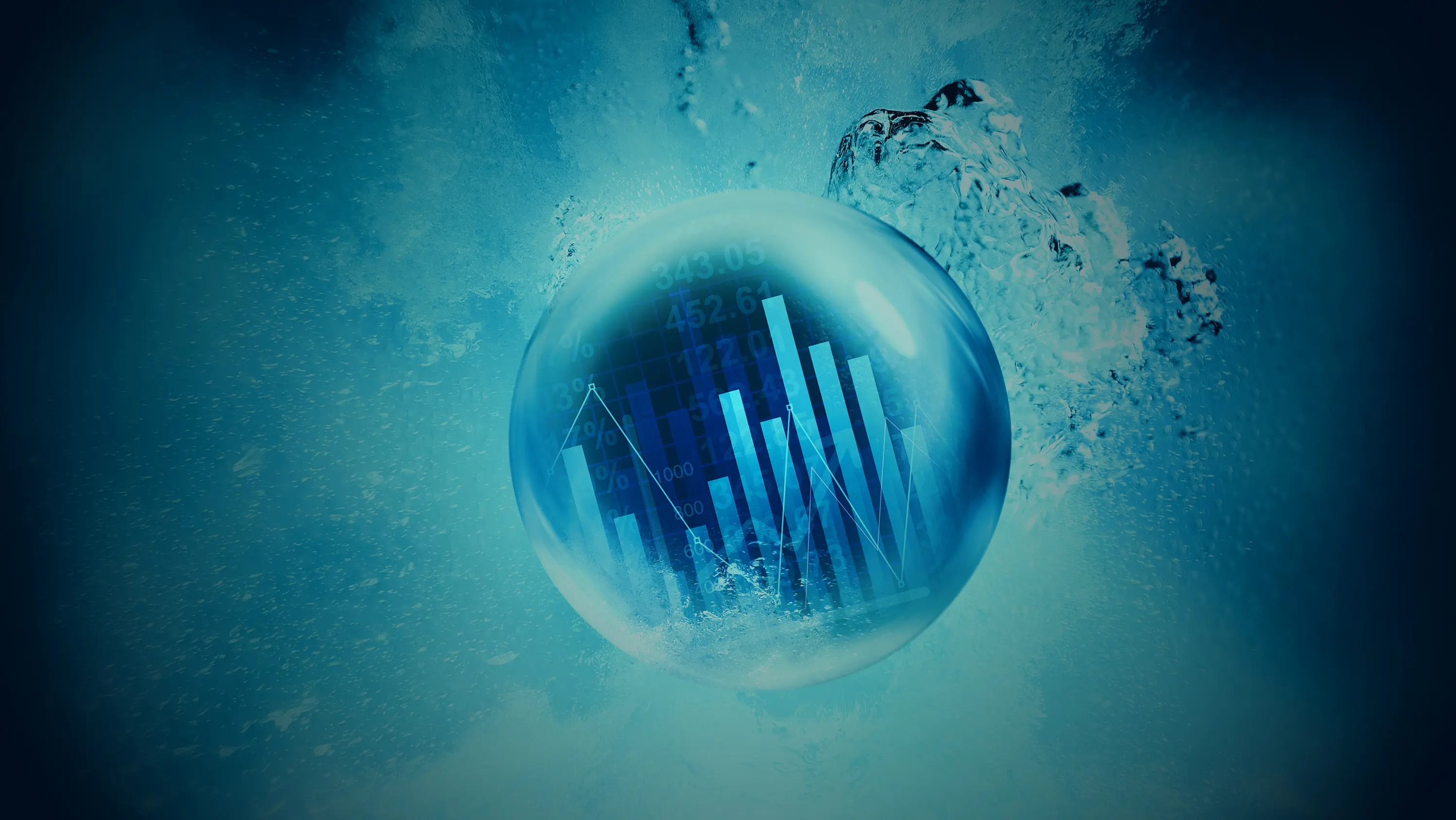 A large bubble rises through blue water, a bar and line chart displayed inside it.